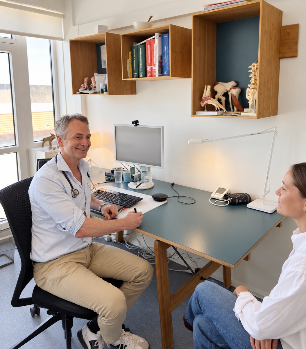Peer Kirkebjerg i samtale med en patient i klinikken